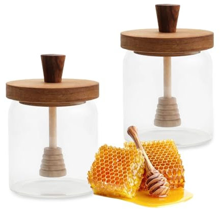 SHENGYIG 2 Tarros de Miel 400 ml, Recipiente Transparente con Dispensador Antigoteo de Cristal, Pala y Tapa Integrada para Colmena, Jarabe, Mermelada