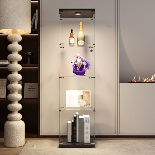YNYHTER Glasvitrine Standvitrine LED, 1 Türen 4 Etagen Vitrine mit Glas Vitrinenschrank Led mit Schloss Sammlervitrine Glasvitrine Stehend (Schwarz, 1 Tür 4 Etagen LED)