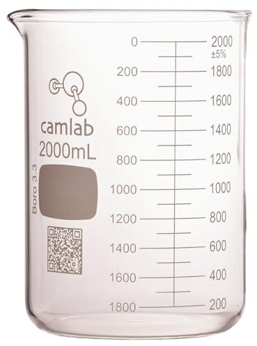 Camlab Graduated 3,3 Borosilicate Glass Low Form Beaker, With Spout, Griffin Beaker, Chemically Resistant and Heat Resistant, 2000ml Glass Beaker, Pack of 1