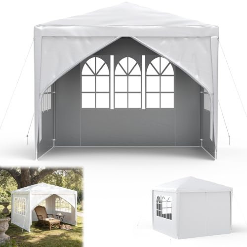 Froadp Pavillon 3x3 m, Wasserdicht Winterfest Gartenpavillon mit 4 Seitenteilen & Fenstern für Garten & Camping, UV-Schutz, Festzelt für Party, Outdoor-Events, Hochzeit, Weiß