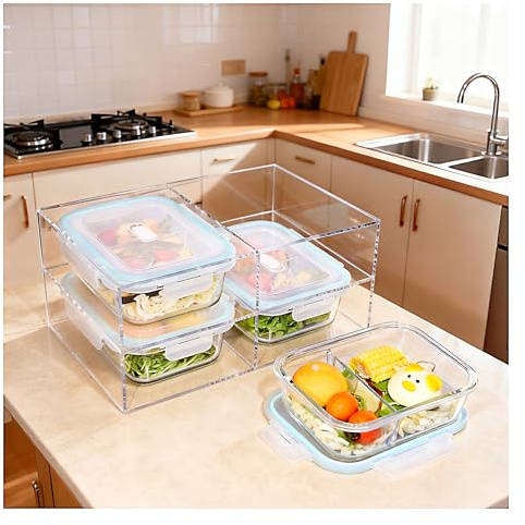 ERUIV 4-teiliges Glas-Frischhaltebox Set mit Acryl-Ständer, 2-Kammer 1040ml Frischhaltedosen mit Deckel, BPA-Frei, mikrowellen- & spülmaschinenfest für Meal Prep, Aufbewahrung & Organisation