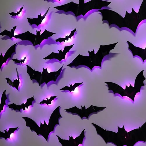 24pcs Halloween Deko Outdoor 3D Led Lila Fledermaus Deko,Halloween Party Fensterdeko Dekoration Innen Außen Haus BäUme Garten Patio