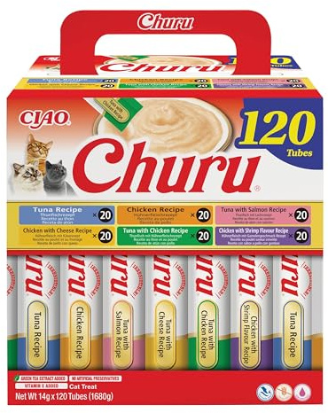 INABA Churu kattgodis med högkvalitativa ingredienser, rik på fukt och protein, lågt kaloriinnehåll, utan spannmål eller socker 120 x 14 g