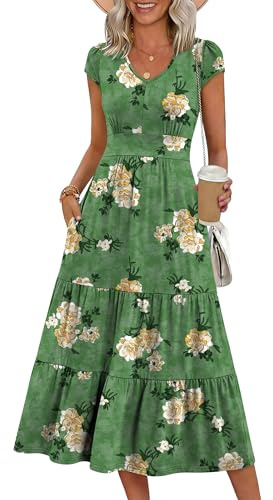 Prinbara Womens Summer Midi Dresses Casual 2026 Cap Sleeve V Neck Empire Waist Flowy Tiered Smocked Boho Vacation Dress Green Floral Medium