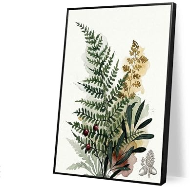 Poster Original Design Woodland Fern Watercolor Wall Art(17x11 Unframed) Rustic Forest Botanical Picture Spring Greenery Aesthetic Room Decor Red Berry Pinecone Illustration