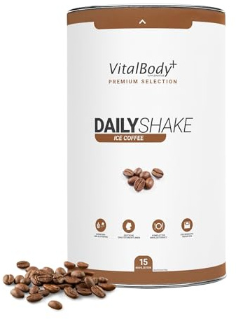 VitalBody+ DailyShake Ice Coffee, 450 g, Mahlzeitenersatz, 15 Mahlzeiten | Mahlzeitenersatz-Shake zum Abnehmen, nur 250 kcal pro Shake, vollwertig & kalorienarm ersetzen