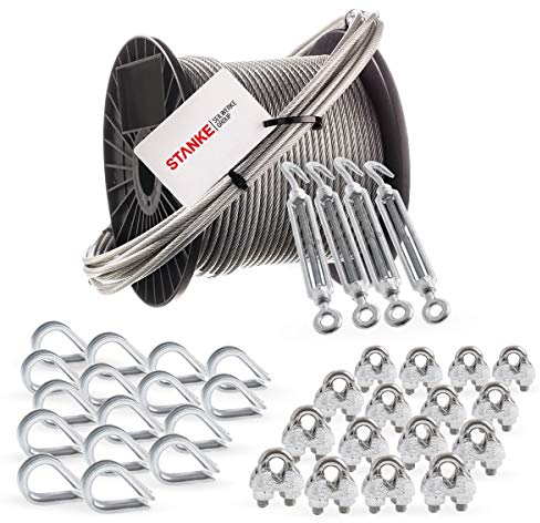 Seilwerk STANKE Cuerda de acero galvanizado en cubierta de PVC 20m, Cuerda de acero con diámetro de 2mm 1x19, 4x tensor gancho-ojo M5, 16x guardacabo, 16x abrazadera - SET 6