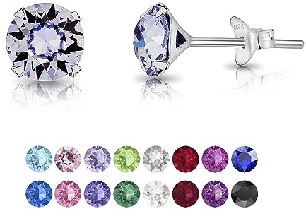 Pendientes Mujer Plata de Ley 925 con Brillantes de Cristal Lila/Lavanda 6 mm - Pendientes de Botón Pequeños Plata Ley 925 - Clásicos, Elegantes, Hipoalergénicos Sin Níquel