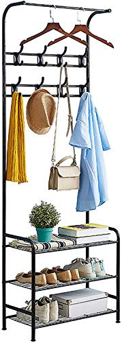 Garderobenständer, Kleiderständer Garderobe Metall mit Schuhregal 3 Ablagen, freistehende Garderobe Kleiderständer mit 8 abnehmbaren Haken für Kleidung, Hüte,Schale,Handtaschen, Regenschirm, 2 Ablagen