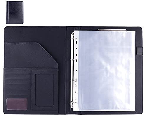 Enyuwlcm PU Leather Padfolio Ring Binder with Clipboard Resume Leather Portfolio with 20 Clear Plastic Sleeves Black