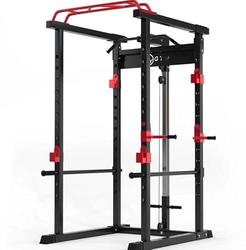 HyGYM multi gym knäböjningsställ kraftig tyngdlyftning kraftbur med drag-up-stång och kabelremskivsystem (röd)