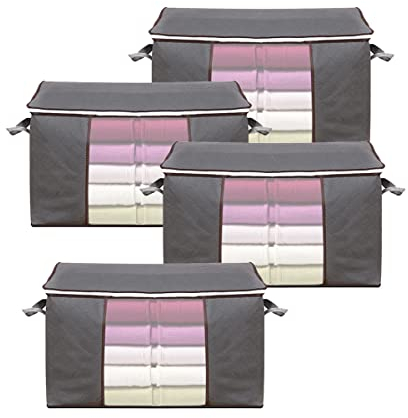 PUERHUACI Capacità Borsa di Immagazzinaggio,Sacchi Portaoggetti,4 Pezzi Pieghevole Borsa Organizzatore per Trapunte Coperte,Borsa Organizzatore con Manico Rinforzato,Salvaspazio,Grigio