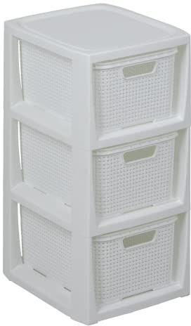BranQ - Home essential Regal in Rattan Design, BPA-freie Kunststoff PP, Weiß, 29,5x24x48,7 cm, 3 Körben