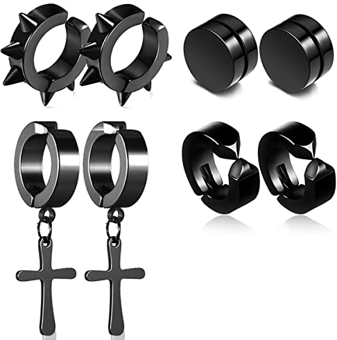 Nicht Durchbohrte Ohrstecker Schwarz, 4 Paar, XiXiRan Edelstahl Clip Ohrringe Schwarz, Creolen Kreuz, Magnetische Ohrstecker, Edelstahl Ohrringe Herren Schwarz Set, Hip Hop Punk Style, Unisex（4 Paar）
