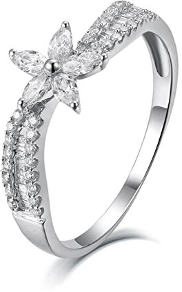 BCughia Zarter Ring, Diamantring Frauen Weiß Marquiseschliff/Navetteschliff 18 Karat Weißgold Blumendesign Valentinstag Ringe Größe 53(16.9)