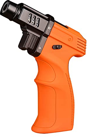 Torche Briquet Butane Rechargeable Flamme Bleue Réglable avec Verrou pour Cigare, Barbecue, Cuisson, Desserts, Bricolage Soudage (Gaz Butane Non Inclus),Orange,155 * 106 * 33mm