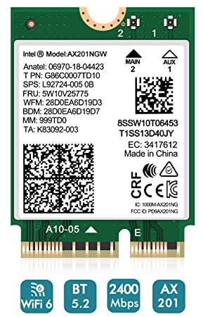 Tarjeta Inalámbrica WiFi 6 Intel AX201 NGW. Solo Soporta Protocolo CNVio2 y CPU intel 10/11/12/13ª generación, Bluetooth 5.2, 2400Mbps, Adaptador de Red para Portátil.