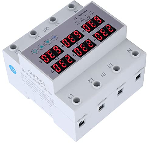 Amperometro Voltmetro su Guida DIN Trifase con Display Digitale, Misuratore Tester su Guida DIN, Ripristino Automatico, Protezione da Sovratensione, Protezione da Sovracorrente, CA 390-500 V (40A)