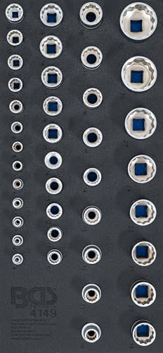 BGS 4149 | Werkstattwagen-Einlage 1/3 | Steckschlüssel Zwölfkant | 40-tlg. | Antrieb Innenvierkant 6,3 mm (1/4), 10 mm (3/8), 12,5 mm (1/2) | Chrom-Vanadium-Stahl | matt verchromt