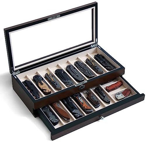 Bonaking Knife Display Case, 2-Tier Pocket Knife Storage for 15-17 Knives, Walnut Finish, Jewel Flannel Lining, Glass Window, Organizer & Collection Box, Men Gift