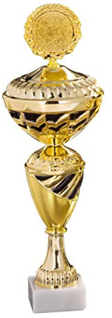eberin · Pokal Serie Kathrin, Gold-schwarz, mit Wunschtext, individuellem Motiv-Emblem, wählbar in 6 Größen, oder als 6er-Serie