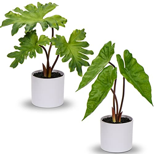 Hollyone Fake Plants Set of 2 Artificial Potted Plants Faux Plants Begonia Plants in White Pots Real Touch Leaves for Office Table Desk Shelf Bathroom Bedroom Greenery Decoration Home Indoor Decor