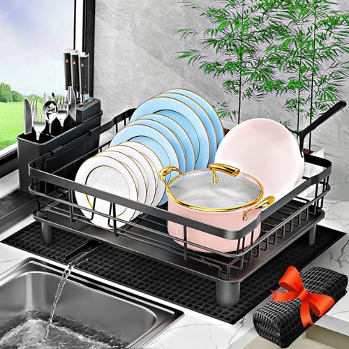 BOBELA Escurridor de Platos, escurridor de Platos para encimera de Cocina, escurridores de Platos con Soporte extraíble para Utensilios, escurridor de Platos con escurridor y Alfombrilla de Secado de