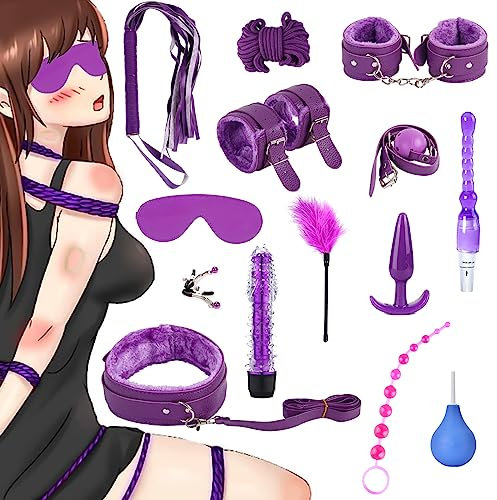 Qoosea 15 Pezzi Bondage Kit SM Bondage Set Erotico Set Giocattoli Sessuali Plug Anale Butt Plug Set per Principianti e Gli Esperti, Giocattoli Sessuali BDSM Manette Erotiche per Coppie(Viola)