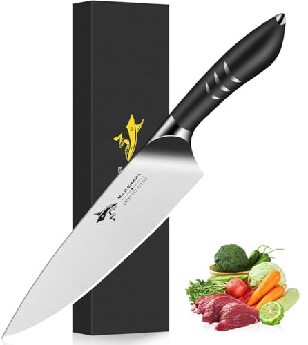 MAD SHARK Cuchillo de chef de acero inoxidable de alto carbono con mango ergonómico, cuchillo de cocina con caja de regalo, regalo de cumpleaños para mamá/papá, color negro