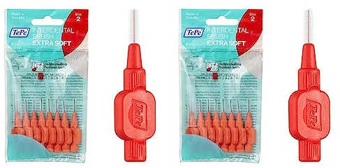 TePe Interdentalbürsten Extra Soft Rot (ISO Größe 2: 0,5 mm) / Für eine besonders sanfte & effiziente Reinigung der Zahnzwischenräume / 1 x 8 Interdentalbürsten (Packung mit 2)