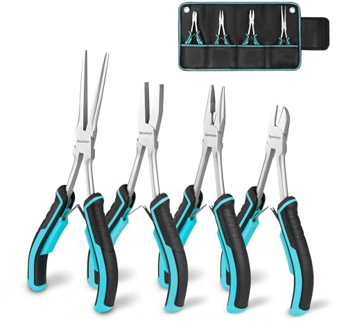 DURATECH 4PCS Long Reach Pliers Set with Pouch - Needle Nose, Diagonal, Linesman and Flat Nose, Mini Extra Long Pliers Set for Jewelry Making, Wire Bending and Object Gripping on Narrow Space