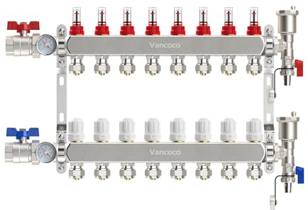 VANCOCO Collecteur Plancher Chauffage en Acier Inoxydable pour 8 Circuits avec Raccord Eurokonus 3/4 (16 x 2 mm), Collecteur pour Chauffage avec Débitmètres, Kit de Purge Rapide, Vannes à Bille 1