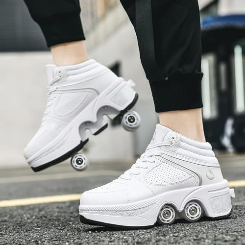 Rollschuhe für Kinder, verstellbare Rollerskates für Mädchen, Quad-Skates-Deformationstrainer für Erwachsene und Anfänger, Turnschuhe mit unsichtbarem Rad für Jungen (Weißes High-Top, EU 34)