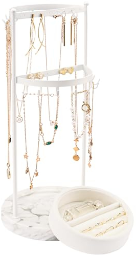 ProCase Schmuckständer mit Marmorsockel, 2 Ebene Schmuck Organizer Aufbewahrung Schmuckhalter für Ohrring Ohrstecker Ketten Schmuckaufbewahrung mit abnehmbaren Samt Ringhalter für Frauen Mädchen -Weiß