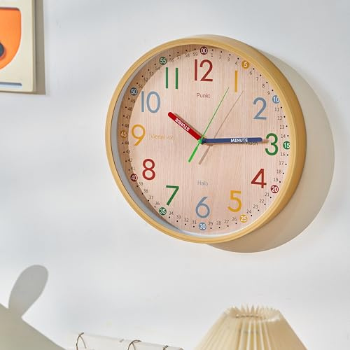 K&L Wall Art Lernuhr Kinder Wanduhr lautlos Kinderuhr modern Mädchen Jungenuhr ohne Tickgeräusche Holzoptik 30cm