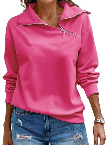 Cuptacc Pullover Damen Winter Quarter Zip Sweatshirt Schicke Rosa M 38-40