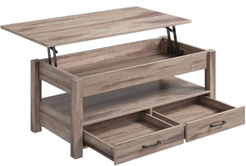 Rolanstar Couchtisch Höhenverstellbar, Couchtisch mit 2 Schublade, Hubplatte, Wohnzimmertisch mit Verstecktes Ablagefach, für Wohnzimmer