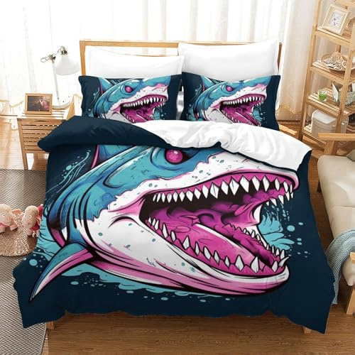 Lorolivier Shark Set Di Biancheria Da Letto Stampato in 3D Con Federa, Fodera Per Piumino Da Con Chiusura A Cerniera, Microfibra Morbida Adatto A Bambini Adulti Double（200x200cm）