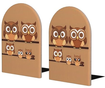 Buchstützen aus Holz mit Metallsockel, niedliche große braune Cartoon-Eulen für Regale, stabile Buchhalter für schwere Bücher