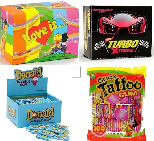 Retro Mega Box 100 gomme da masticare, 100 x Donald Chewing Gum, 100 x Love is gomma da masticare, 100 x Crazy Tattoo tatuaggi, Total 400 pezzi + Shipsy Block