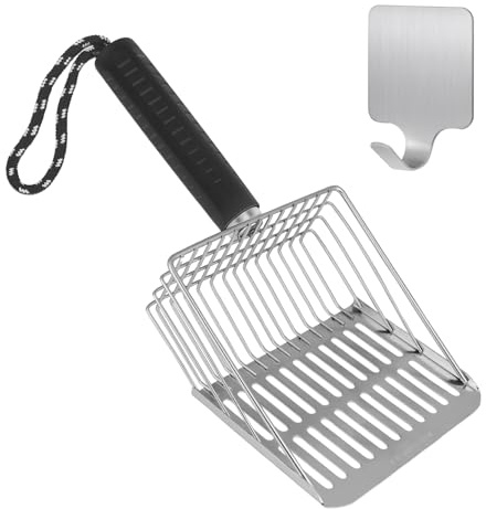 Faoemsey Cat Litter Scoop,Solid and Durable Kitty Metal Scooper,Stainless Steel Sifter,Heavy Duty,for Litter Box,Black Rubber Handle,Included Stainless Steel Hook