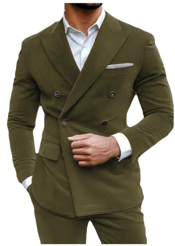 Stillluxury, blazer da uomo in corduroy, doppio petto, con visiera a bavero, slim fit, formale, sportivo, Verde oliva, 3XL