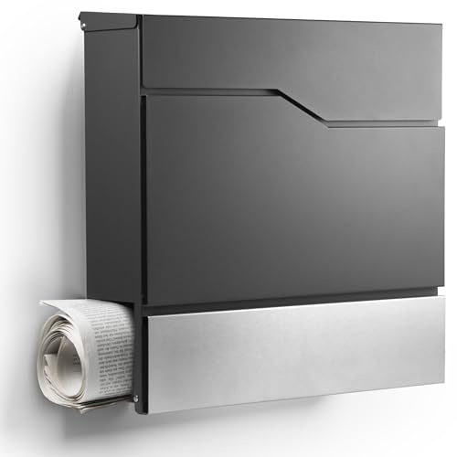 NewHabitat - Briefkasten Tokio mit Zeitungsfach - Anthrazit RAL 7016 | Moderner Wandbriefkasten Edelstahl personalisierbar, Namensschild- & Hausnummer-Gravur, rostfrei & UV-beständig, wetterfest