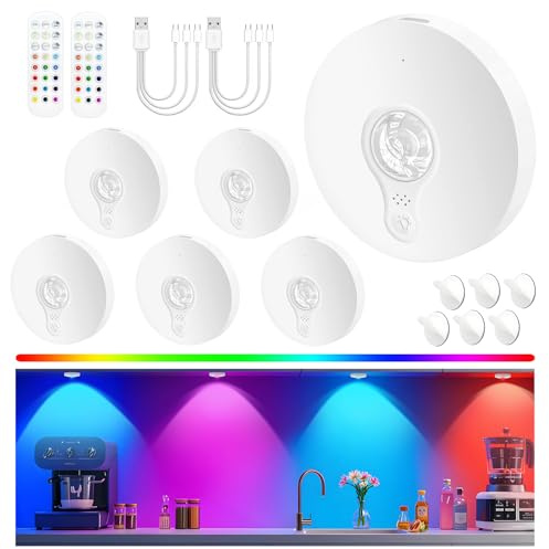 Schrankbeleuchtung Kabellos Akku USB, Unterschrank Beleuchtung Küche, Unterbauleuchte Küche LED Ohne Kabel, Vitrinenbeleuchtung Magnetisch, Puck Lights Mit Fernbedienung, Weiß, 6 Stück, 3-Farbe-RGB