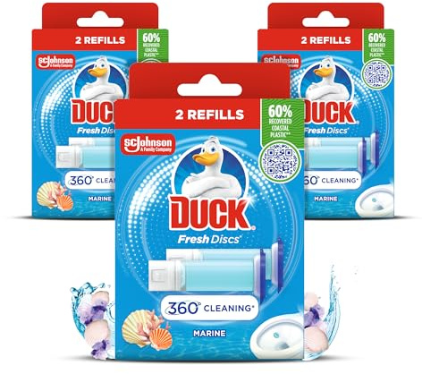 Duck Fresh Discs Toilet Cleaner refill twin pack, fights stains that harbour germs, prevents limescale build up, marine fragrance, pack of 3 (total of 6 tubes)