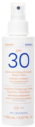 KORRES YOGHURT Sonnenspray-Emulsion für Gesicht & Körper SPF30, 150ml | schnell einziehend, spendet lang anhaltende Feuchtigkeit, wasserresistent, UVA & UVB-Schutz, transparentes Finish