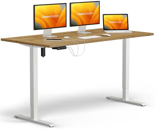 KRIEG HighDesk SMART Höhenverstellbarer Schreibtisch 120 x 80 cm I Weiß + Eiche - Elektrischer Sitz- & Stehtisch mit Tischplatte - Stehschreibtisch Elektrisch Höhenverstellbar