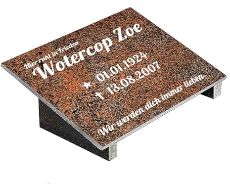 Grabplatte mit Inschrift aus Granit Multicolor Rot, personalisierbar Gedenktafel für Urnengrab, Wählmotiv, Grabstein für 1-2 Pers., Urnengrabstein (Multicolor Rot, 20x30cm mit Stützen, Inschrift)