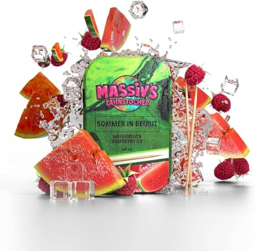 Massiv’s Zahnstocher - Palillos con sabor - SOMMER IN BEIRUT Sandía Frambuesa Ice - 100 palillos - Aliento fresco - Caja metálica estilizada - Sin azúcar - higiene bucal - contra morderse las uñas | Palillos de dientes con sabor a sandía Raspberry Ice 100, aliento fresco, elegante lata de metal, vegano, sin azúcar