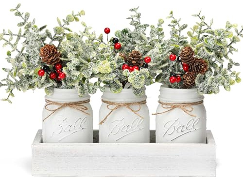 Maracco Christmas Mason Jars Centerpiece, White Painted Jars with Artificial Pine and Berries in Wood Tray, Set of 3